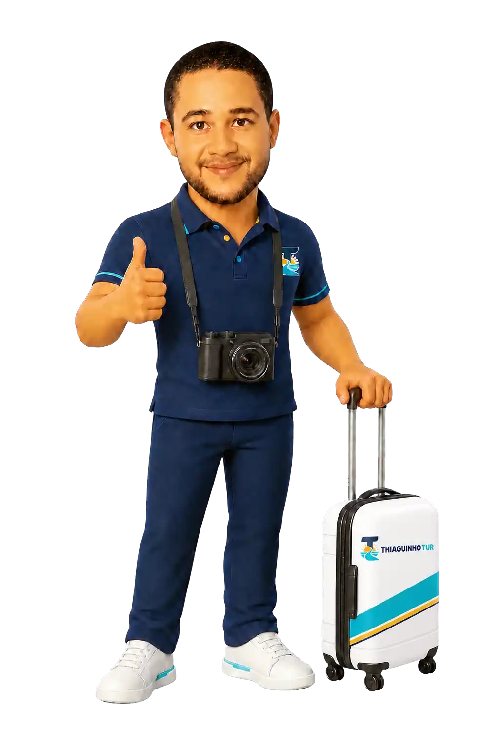 Mascote Thiaguinho Tur com câmera e mala personalizada